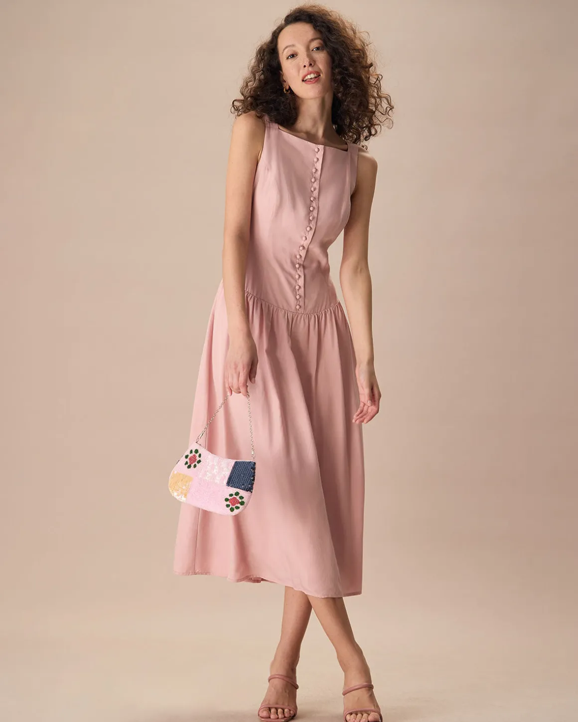 Women's Pink Boat Neck Sleeveless Lyocell Midi Dress