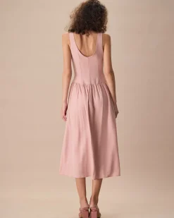 Women's Pink Boat Neck Sleeveless Lyocell Midi Dress
