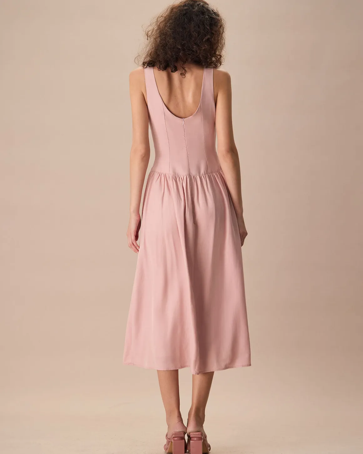 Women's Pink Boat Neck Sleeveless Lyocell Midi Dress