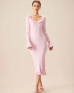 Women's Pink U-Neck Ruffle Bodycon Sweater Dress