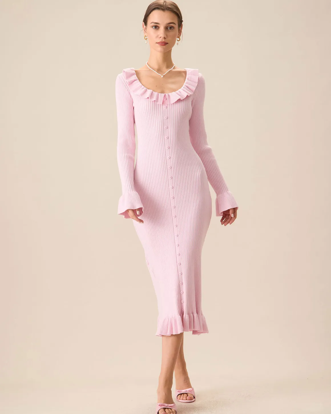 Women's Pink U-Neck Ruffle Bodycon Sweater Dress