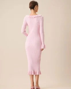 Women's Pink U-Neck Ruffle Bodycon Sweater Dress