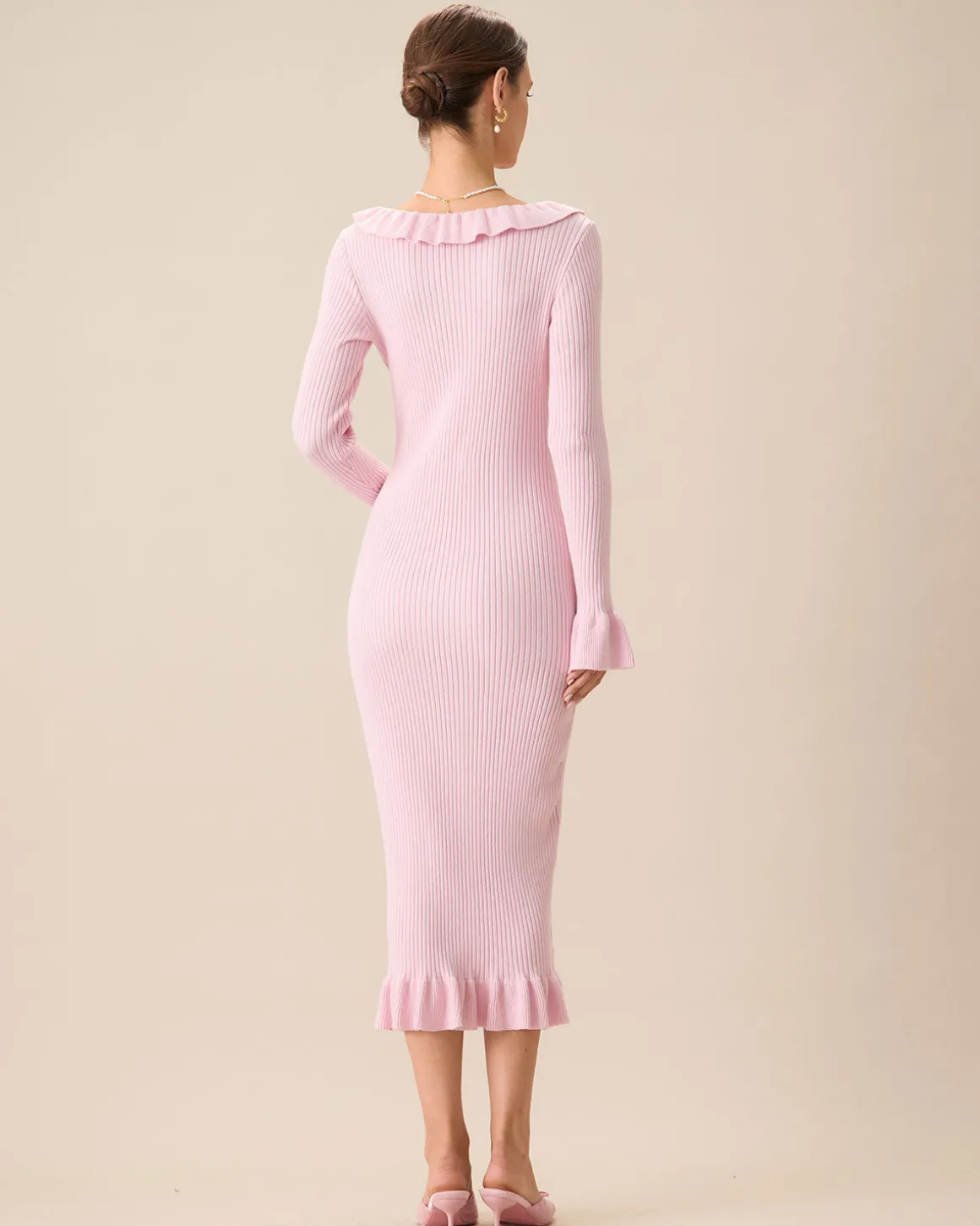 Women's Pink U-Neck Ruffle Bodycon Sweater Dress