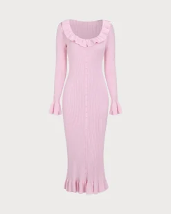Women's Pink U-Neck Ruffle Bodycon Sweater Dress