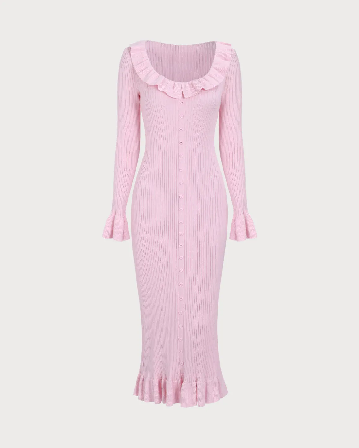 Women's Pink U-Neck Ruffle Bodycon Sweater Dress