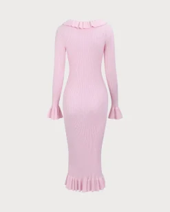Women's Pink U-Neck Ruffle Bodycon Sweater Dress