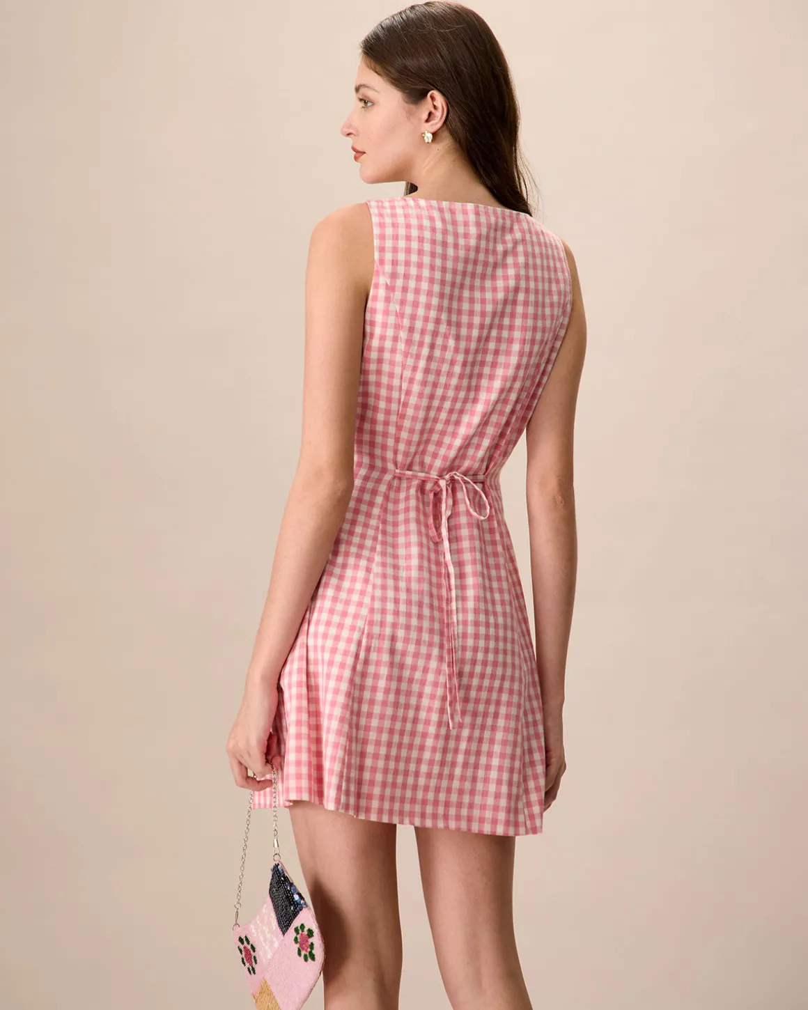 Women's Pink V-Neck Plaid Cotton Mini Dress