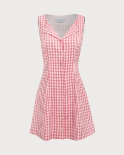 Women's Pink V-Neck Plaid Cotton Mini Dress