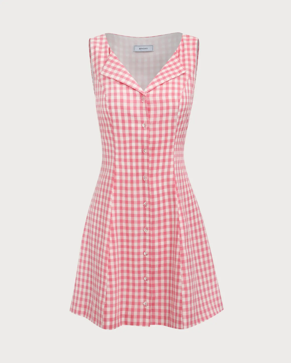 Women's Pink V-Neck Plaid Cotton Mini Dress