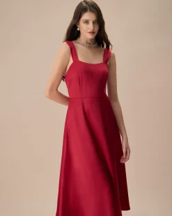 Women's Red Satin Slip Midi Dress