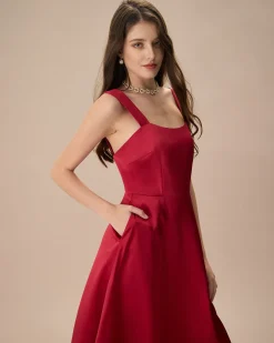 Women's Red Satin Slip Midi Dress