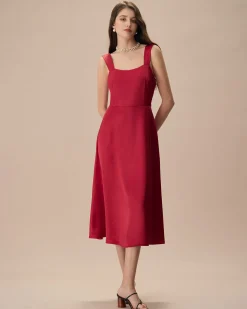 Women's Red Satin Slip Midi Dress