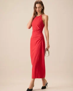 Women's Red Shirred Halter Maxi Dress