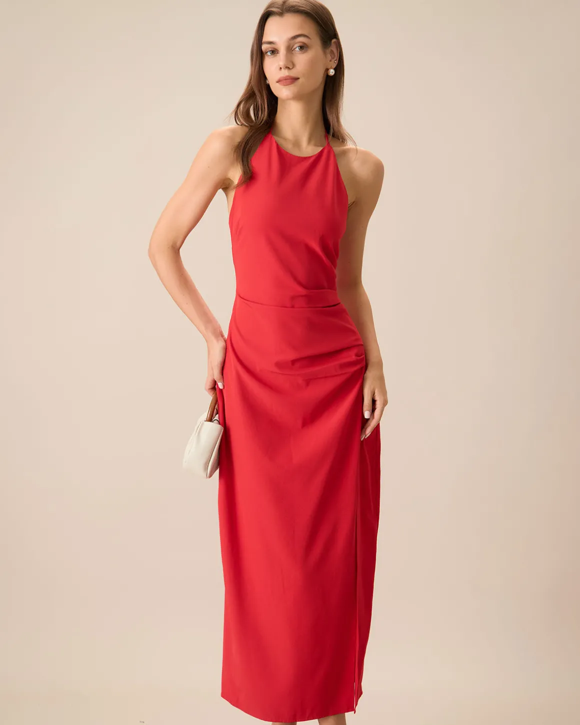 Women's Red Shirred Halter Maxi Dress