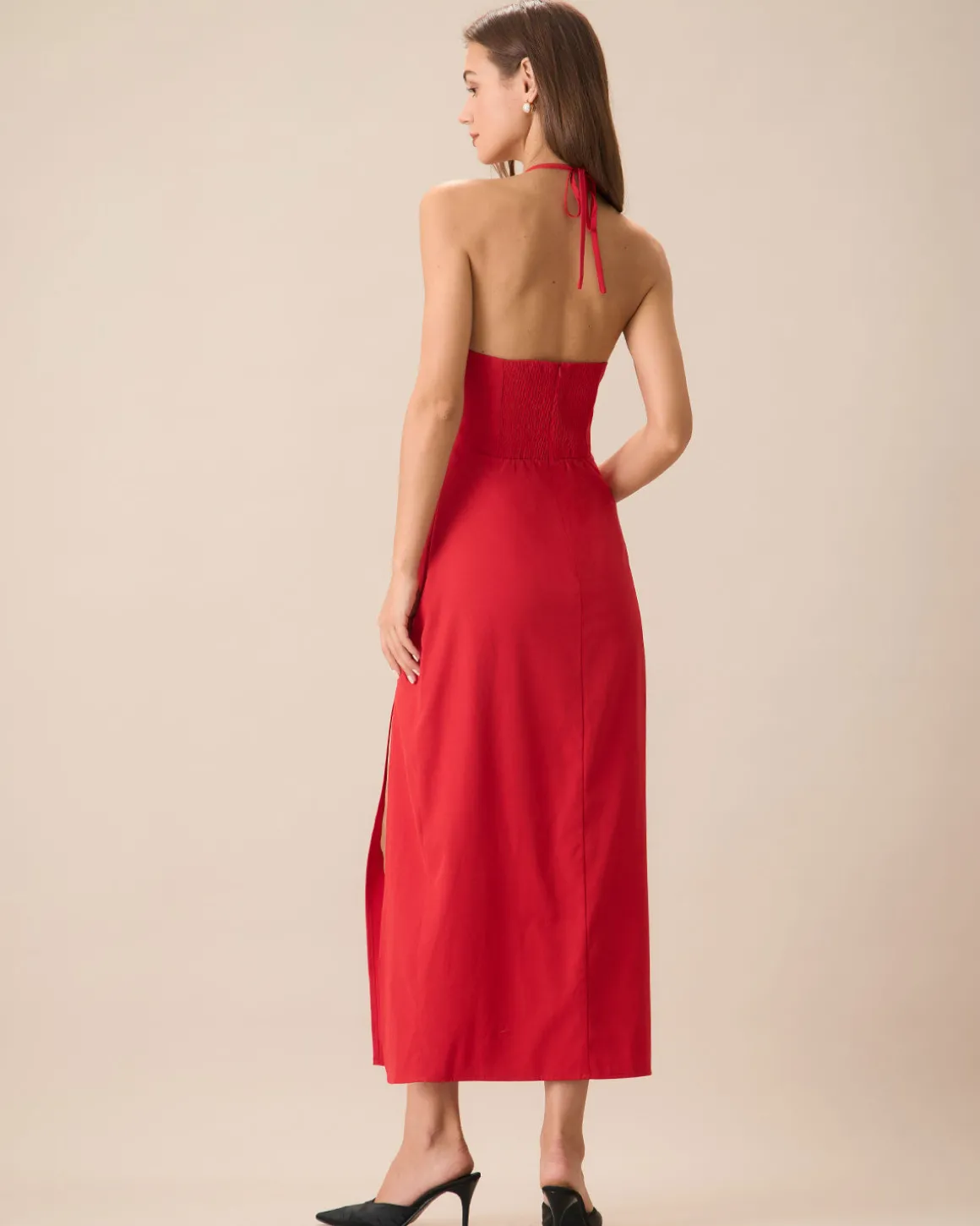 Women's Red Shirred Halter Maxi Dress