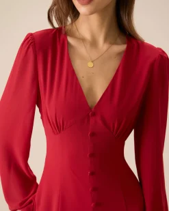 Women's Red V-Neck Puff Sleeve Slit Midi Dress