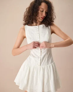 Women's White Boat Neck Jacquard Cotton Mini Dress