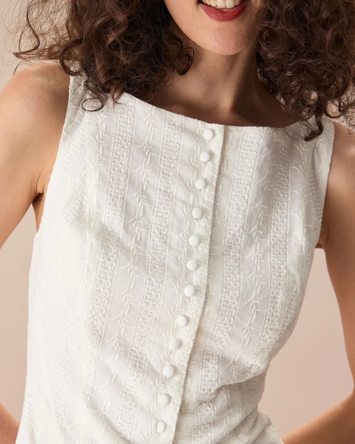 Women's White Boat Neck Jacquard Cotton Mini Dress