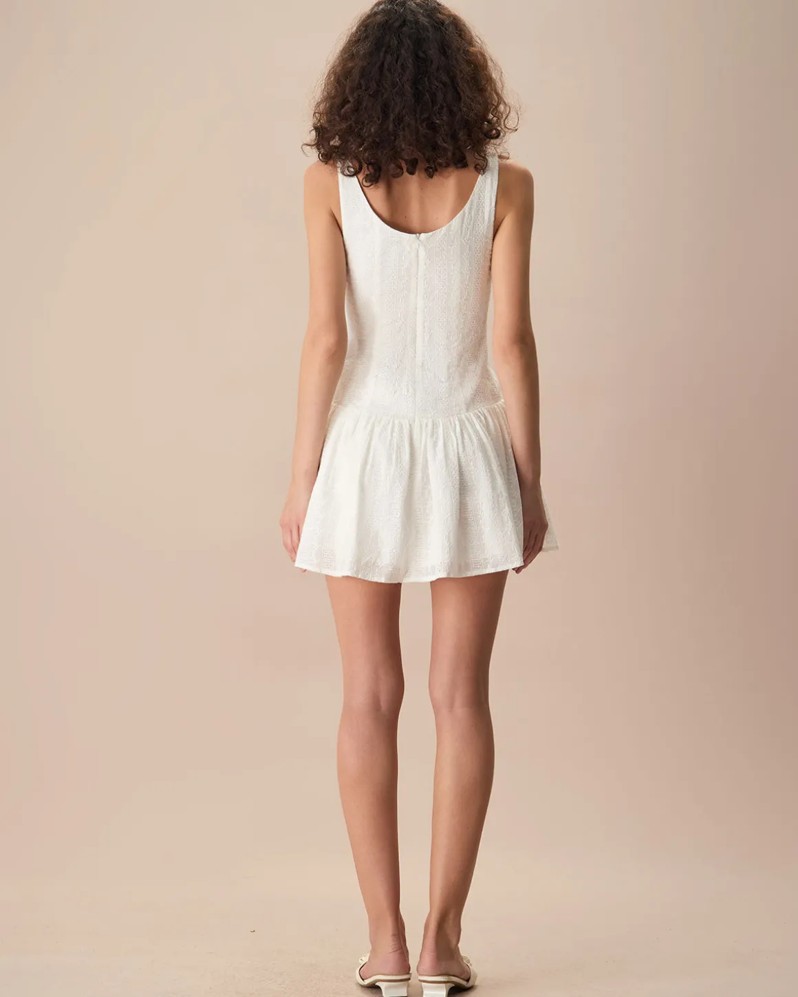 Women's White Boat Neck Jacquard Cotton Mini Dress