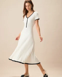 Women's White Contrasting Sweater Midi Dress