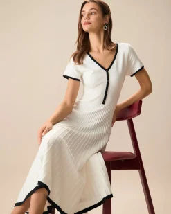 Women's White Contrasting Sweater Midi Dress