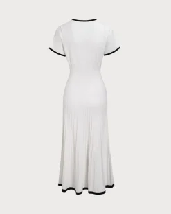 Women's White Contrasting Sweater Midi Dress