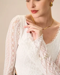 Women's White Lace See-Through Cropped Tee