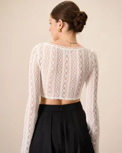 Women's White Lace See-Through Cropped Tee