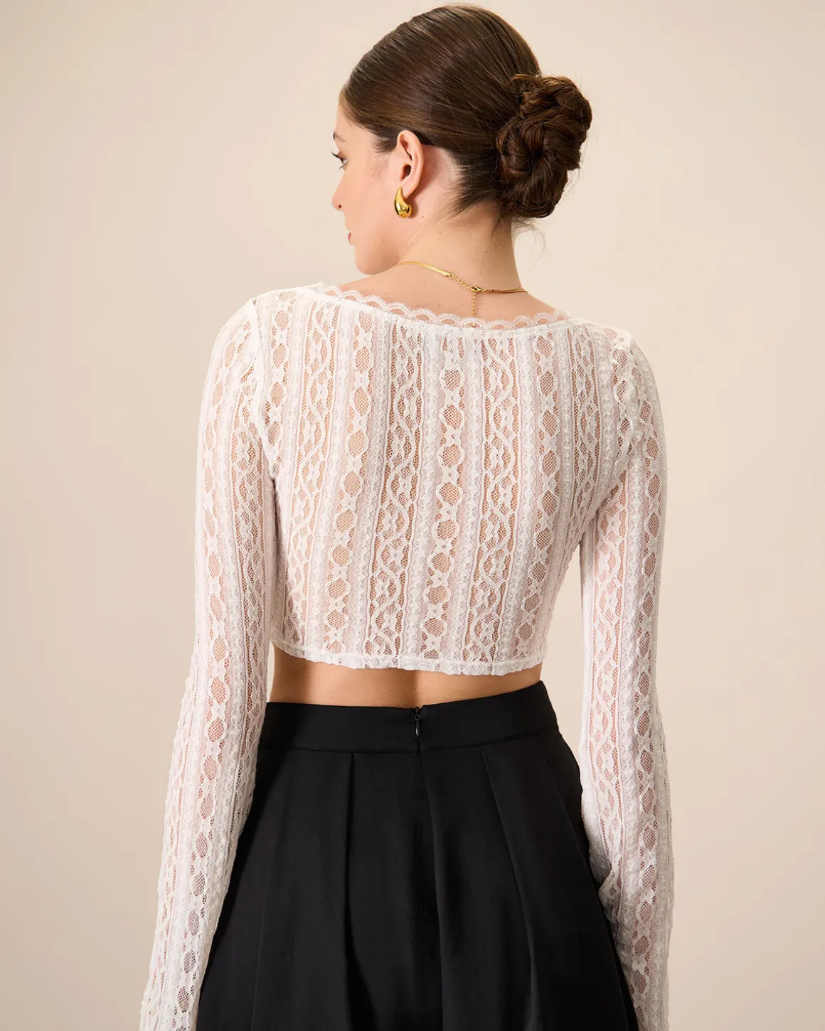 Women's White Lace See-Through Cropped Tee