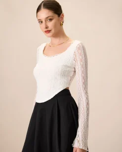 Women's White Lace See-Through Cropped Tee