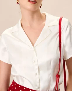 Women's White Lapel Satin Blouse