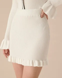 Women's White Ruffle Straight Knit Mini Skirt