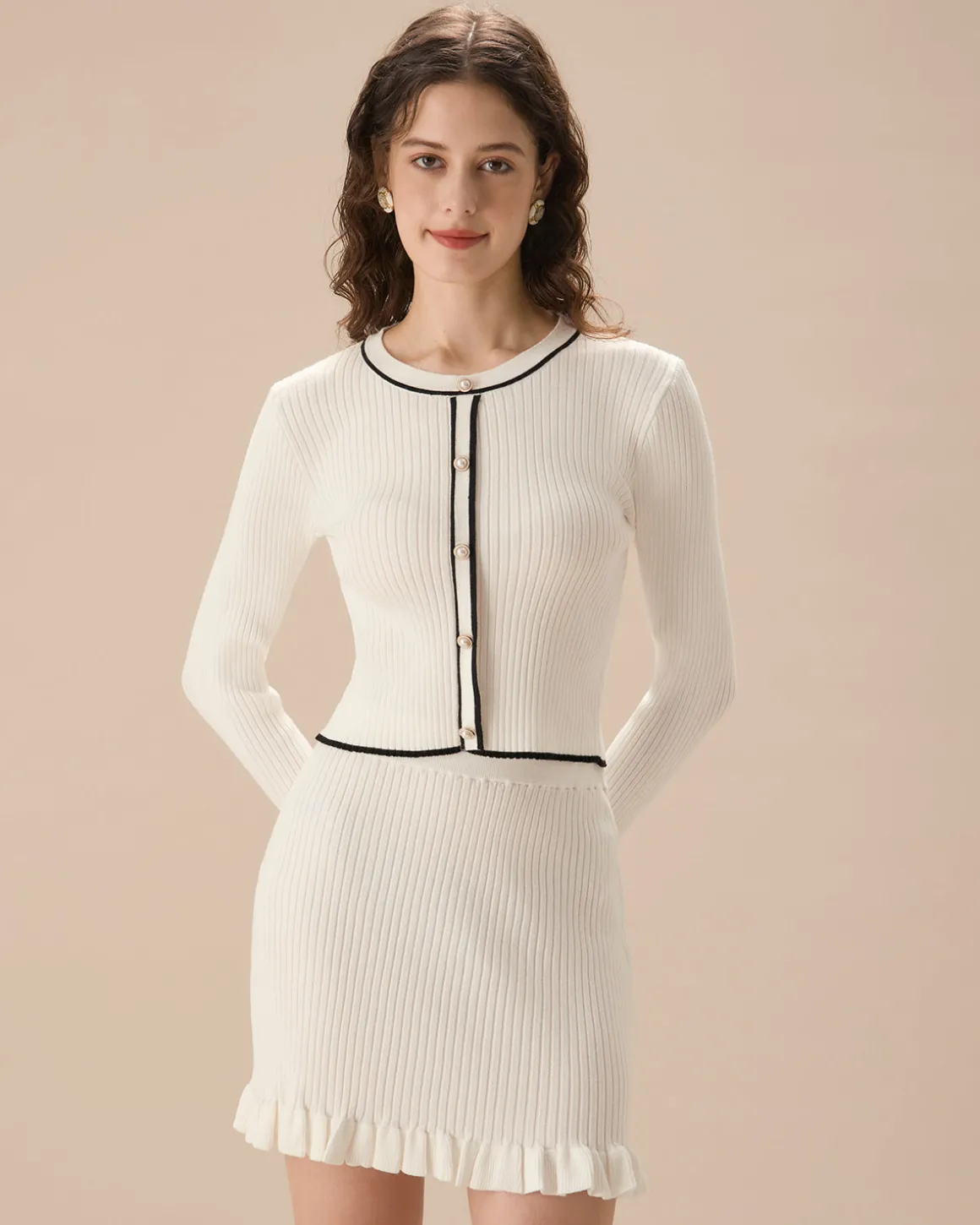 Women's White Ruffle Straight Knit Mini Skirt