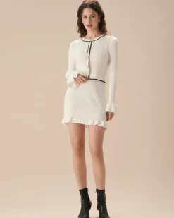 Women's White Ruffle Straight Knit Mini Skirt