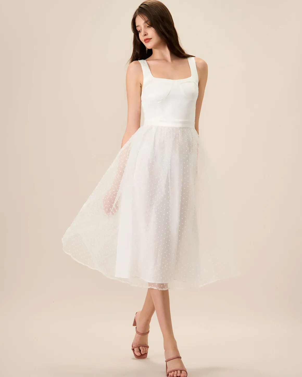 Women's White See-Through Splicing Midi Dress