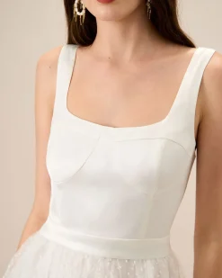 Women's White See-Through Splicing Midi Dress