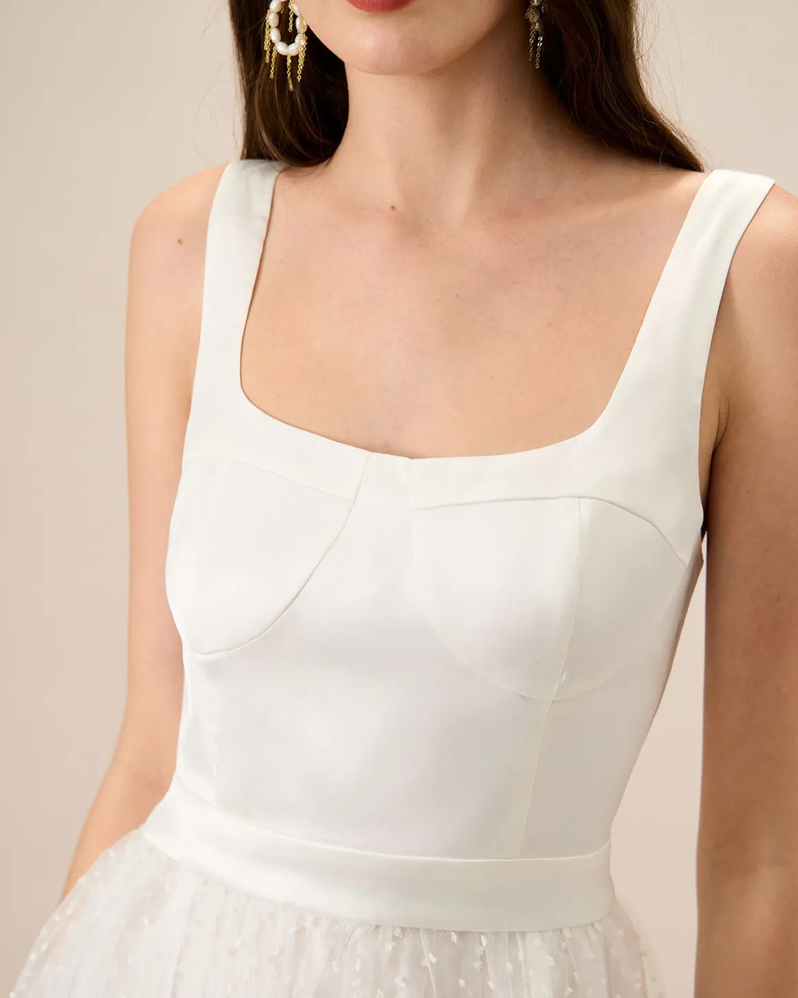 Women's White See-Through Splicing Midi Dress