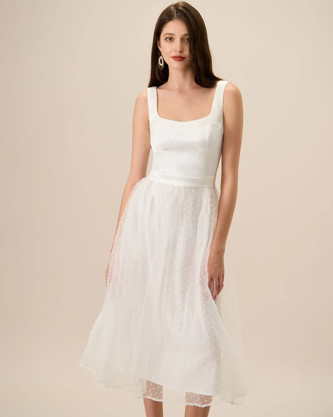Women's White See-Through Splicing Midi Dress