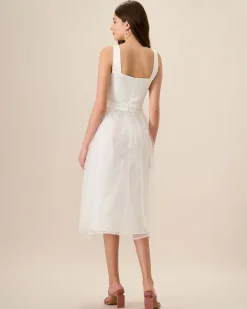 Women's White See-Through Splicing Midi Dress