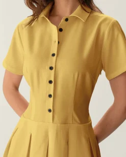 Yellow Button Pleated Mini Dress