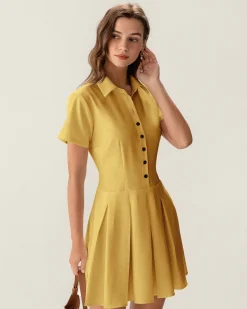 Yellow Button Pleated Mini Dress