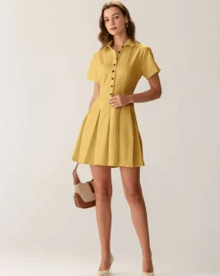 Yellow Button Pleated Mini Dress