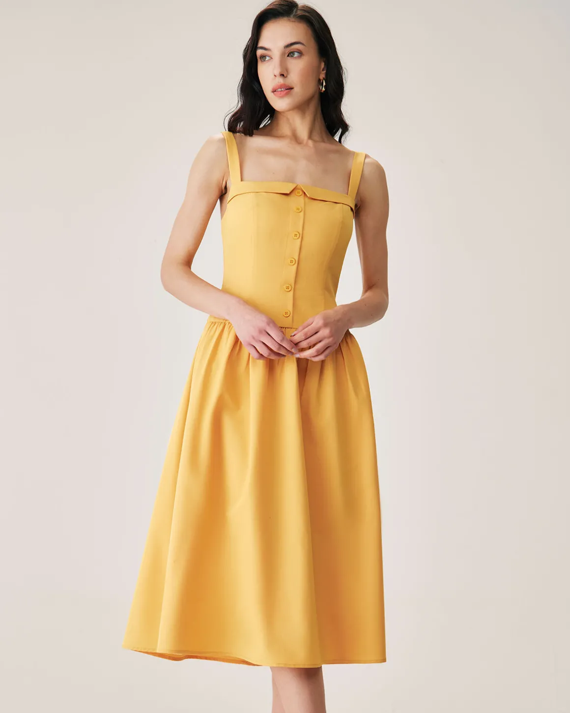 Yellow Button Pleated Slip Midi Dress