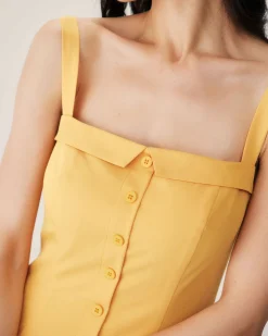 Yellow Button Pleated Slip Midi Dress