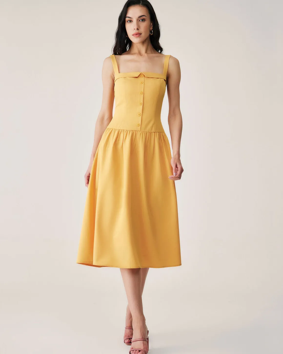 Yellow Button Pleated Slip Midi Dress