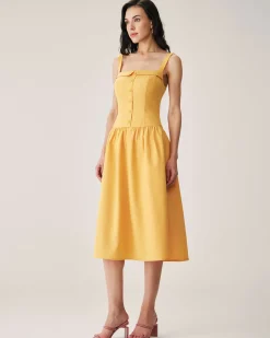 Yellow Button Pleated Slip Midi Dress