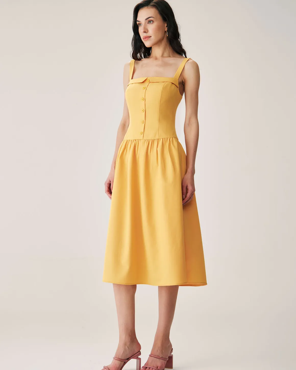 Yellow Button Pleated Slip Midi Dress