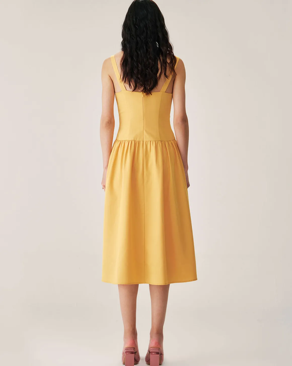 Yellow Button Pleated Slip Midi Dress