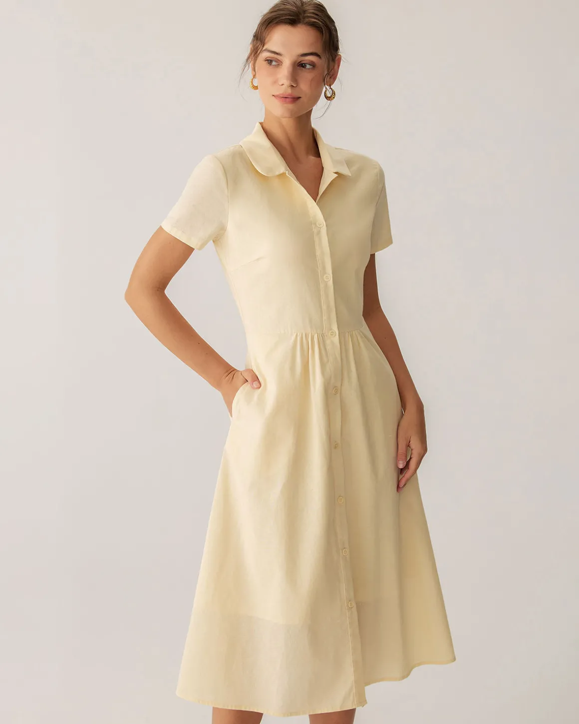 Yellow Button Short Sleeve Midi Dress
