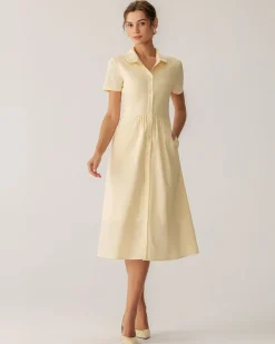 Yellow Button Short Sleeve Midi Dress